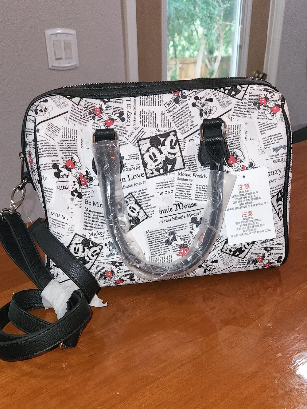 Disney Black & White Newspaper Print Satchel - Picture 1 of 5